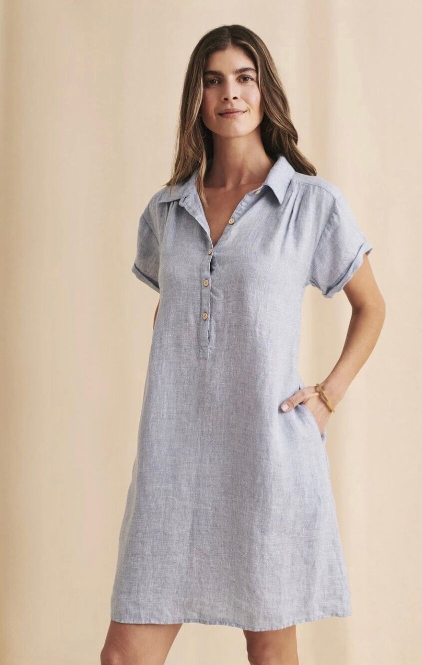 Faherty Flax Linen Hana Mini Dress Blue Basket Weave Pockets Size Small